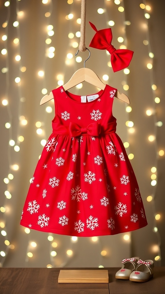 A festive toddler Christmas dress in red with snowflakes and a bow, displayed with matching accessories.
